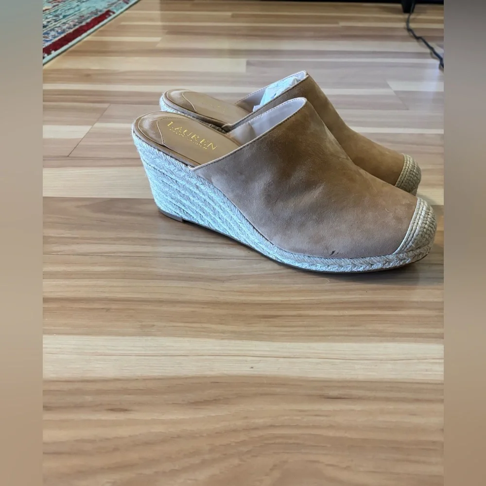 Lauren Ralph Lauren Womens Pennie Suede Slip-On Wedge Sandals in Camel Size 10